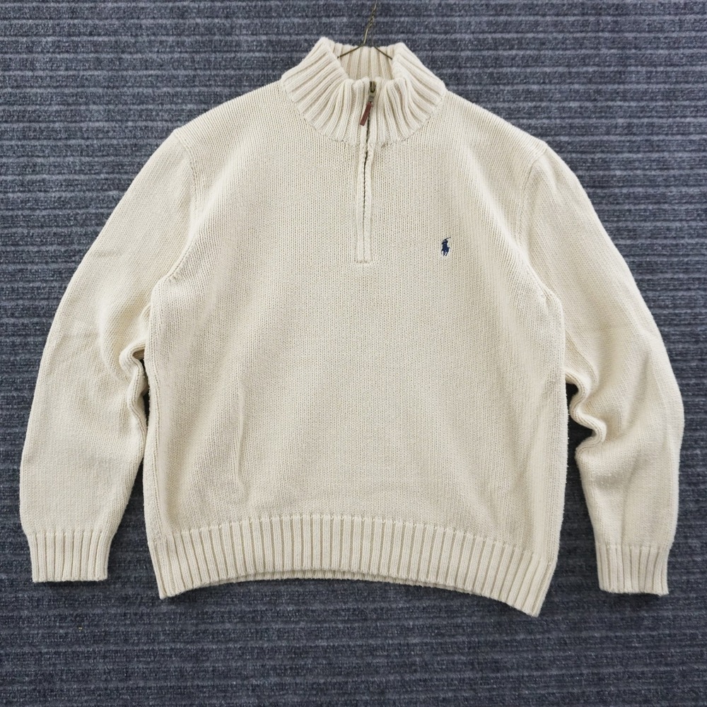 Vintage Polo Ralph Lauren Quarter-Zip Sweater Mens XL Cream Cotton Heavy Knit